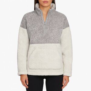 Cozy Sherpa Fleece Quarter Zip Pullover Gray Ivory Colorblock Size M
